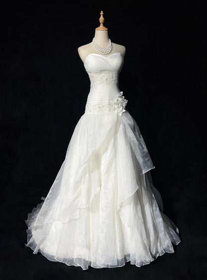 White Strapless A-Line Tulle Lace Applique Wedding Dresses Long Prom Dresses HZ1024