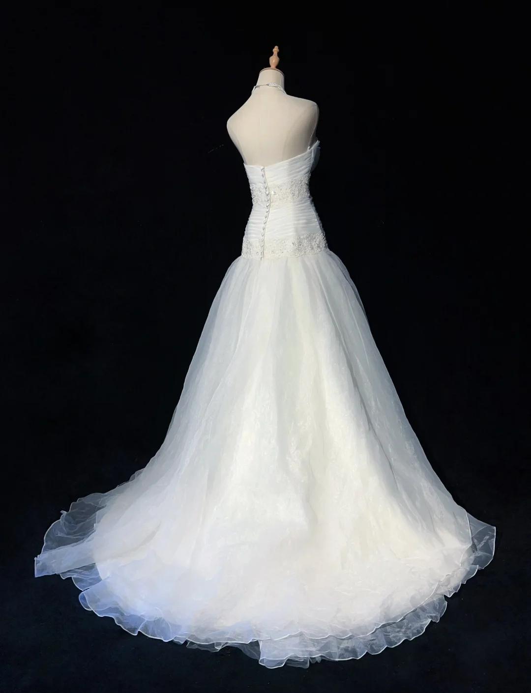 White Strapless A-Line Tulle Lace Applique Wedding Dresses Long Prom Dresses HZ1024