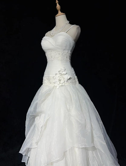 White Strapless A-Line Tulle Lace Applique Wedding Dresses Long Prom Dresses HZ1024