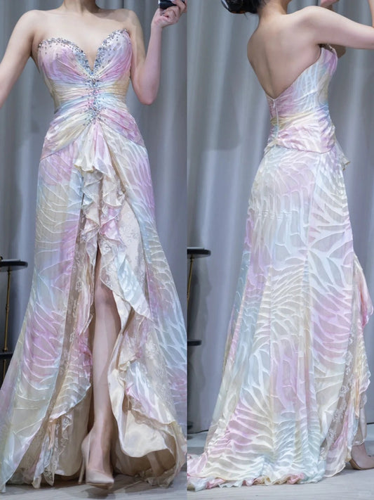 Colorful V-neck Chiffon Long Prom Dresses Shiny Beaded Backless Evening Dresses with Silt HZ1024