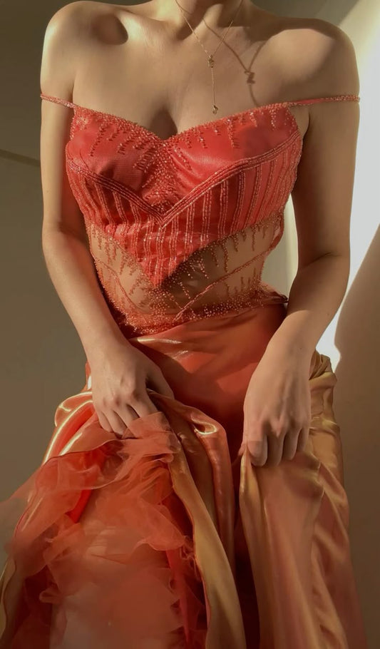 Gorgeous Orange Spaghetti Straps A-Line Tulle Beaded Party Dresses Elegant Prom Dresses  ED02051