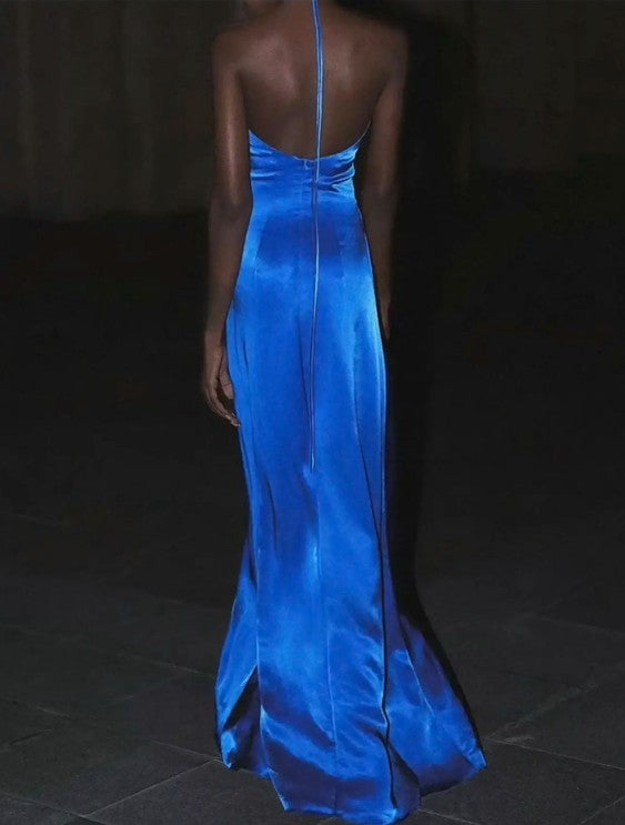 Royal Blue V-neck Sheath Evening Dress Sexy Backless Satin Long Prom Dresses with Slits HZ1024