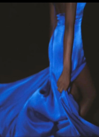 Royal Blue V-neck Sheath Evening Dress Sexy Backless Satin Long Prom Dresses with Slits HZ1024