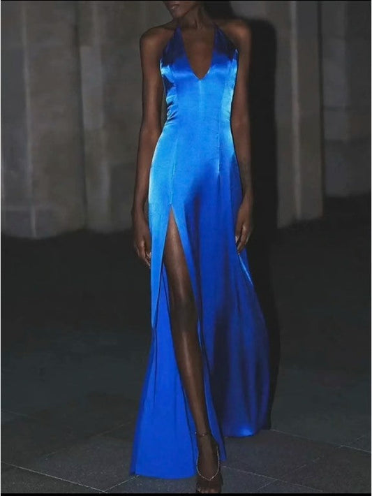 Elegant Royal Blue V-neck Sheath Evening Dress Sexy Backless Satin Long Prom Dresses with Slits  ED02052