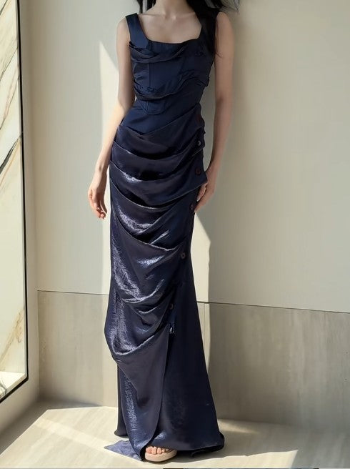 Navy Blue Square Neck Satin Pleated Party Dress Cocktail Dress HZ1024