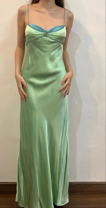 Spaghetti Strap Green Satin Sheath Evening Dresses Gothic Prom Dresses HZ1024