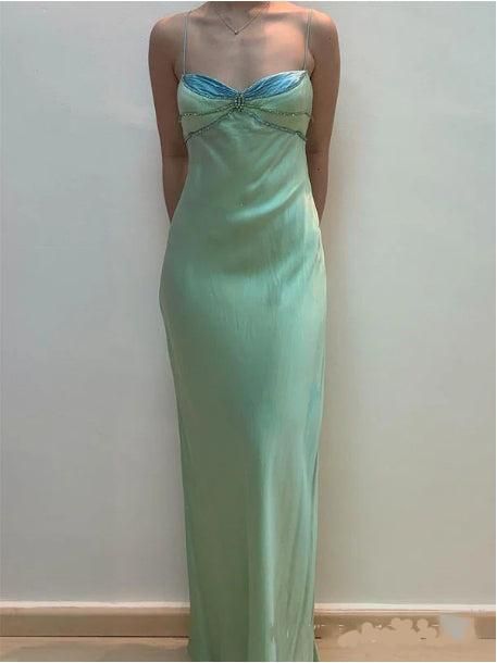 Spaghetti Strap Green Satin Sheath Evening Dresses Gothic Prom Dresses HZ1024