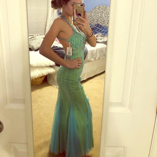 Beaded Tulle Mermaid Backless Evening Dress Gorgeous Spaghetti Straps Green Long Prom Dresses HZ1024