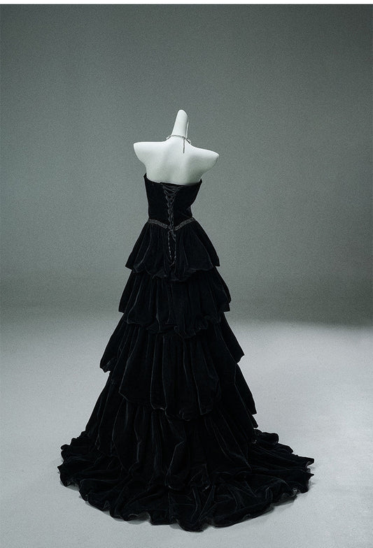 Black Strapless A-Line Velvet Layered Long Prom Dresses Formal Evening Dresses HZ1024