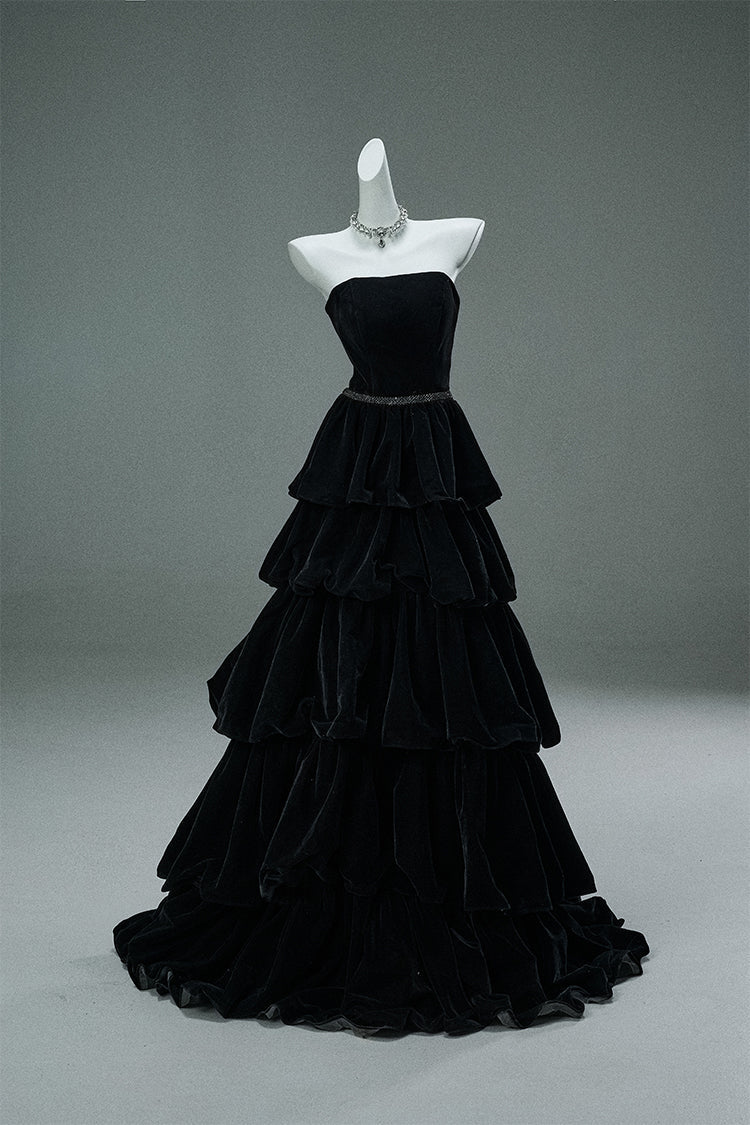 Black Strapless A-Line Velvet Layered Long Prom Dresses Formal Evening Dresses HZ1024