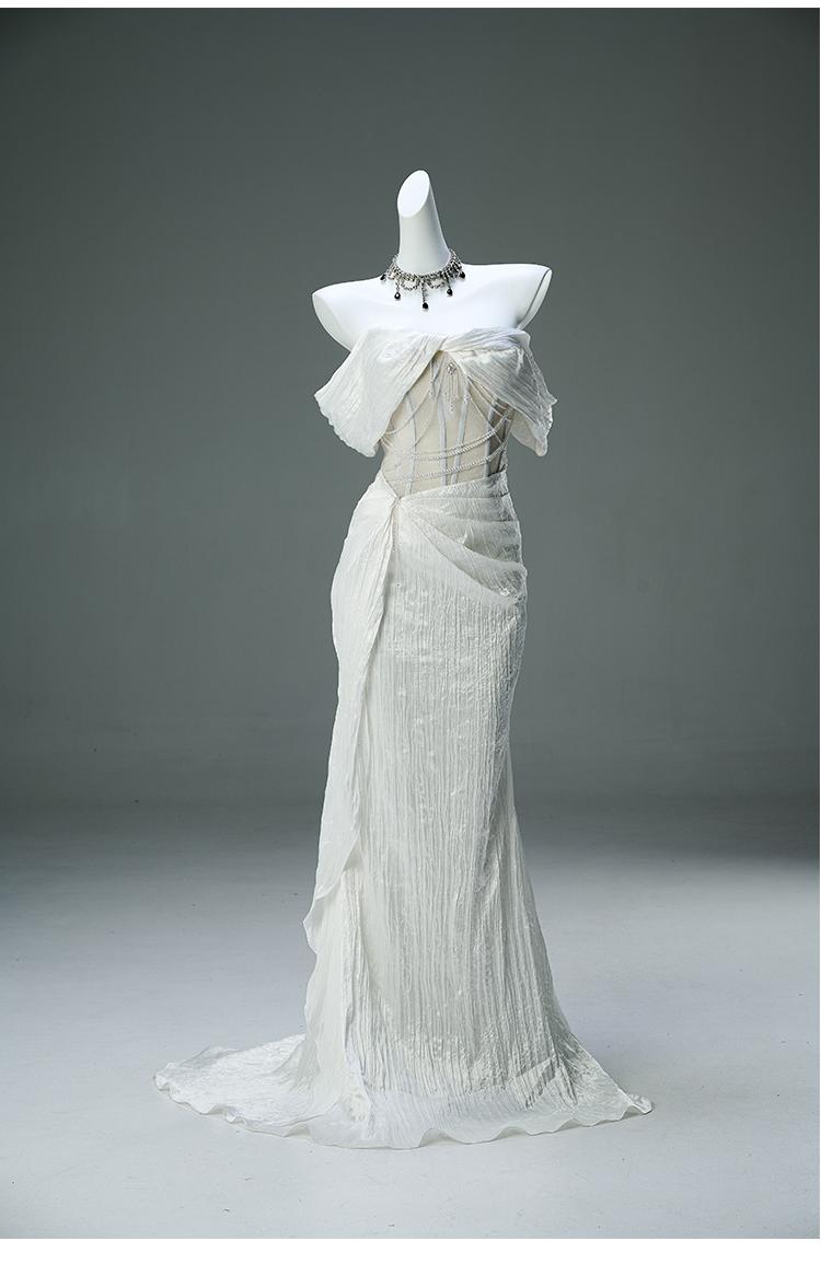 White Taffeta Off-the-shoulder Mermaid Evening Dress Beaded Long Prom Dresses HZ1024