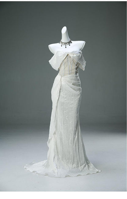 White Taffeta Off-the-shoulder Mermaid Evening Dress Beaded Long Prom Dresses HZ1024