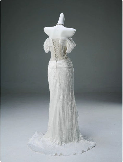 White Taffeta Off-the-shoulder Mermaid Evening Dress Beaded Long Prom Dresses HZ1024