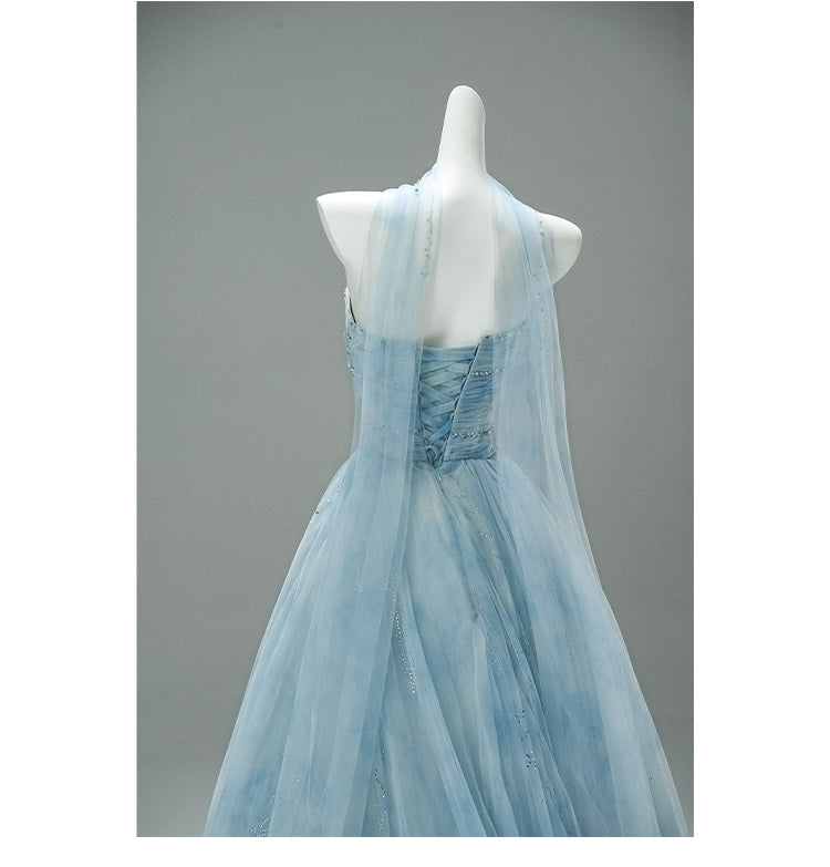 Strapless Blue A-Line Tulle Evening Dress Sparkling Beaded Long Prom Dresses HZ1024