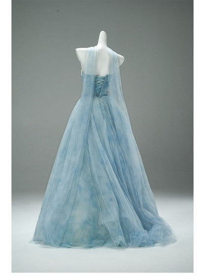 Gorgeous Strapless Blue A-Line Tulle Evening Dress Sparkling Beaded Long Prom Dresses ED02059