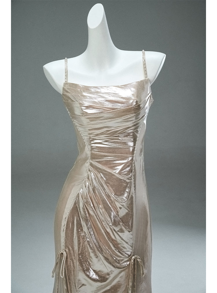 Champagne Spaghetti Strap Mermaid Shining Long Evening Dress Elegant Prom Dress HZ1024