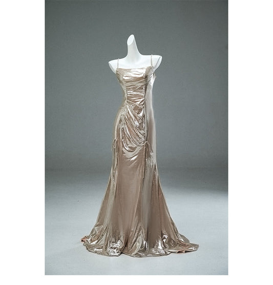 Unique Champagne Spaghetti Strap Mermaid Shining Long Evening Dress Elegant Prom Dress ED02062