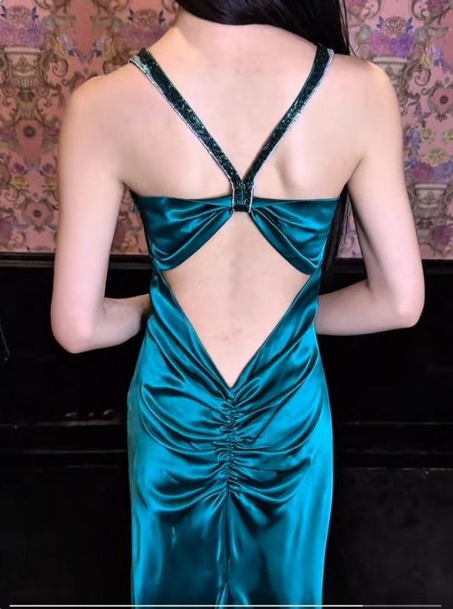 Elegant Teal Spaghetti Straps Satin Sheath Backless Retro Long Party Dress ED02064
