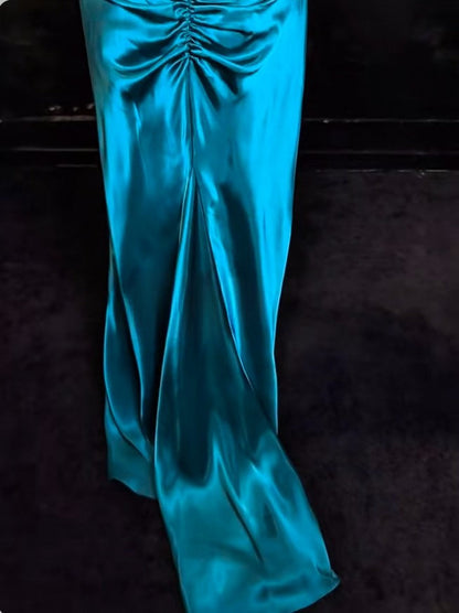 Elegant Teal Spaghetti Straps Satin Sheath Backless Retro Long Party Dress ED02064