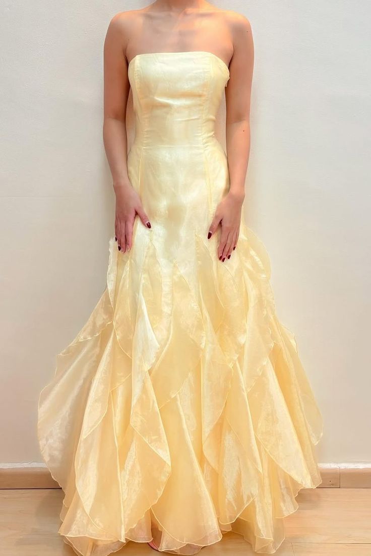 Yellow Strapless Chiffon Mermaid Backless Evening Dresses HZ1024