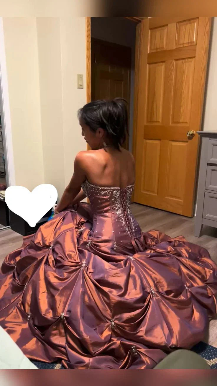 Elegant Red Brown Strapless A-Line Satin Beaded Long Prom Dresses ED02067