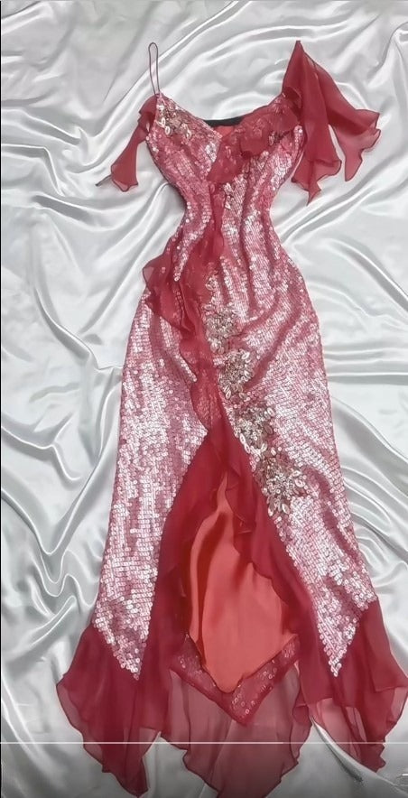 Sparkly Hot Pink Spaghetti Strap Bodycon Sequin Party Dress Prom Dresses with Slits ED02069