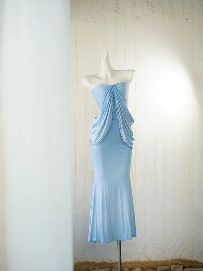 Light Blue Strapless Party Dress Simple Mermaid Evening Dress HZ1024