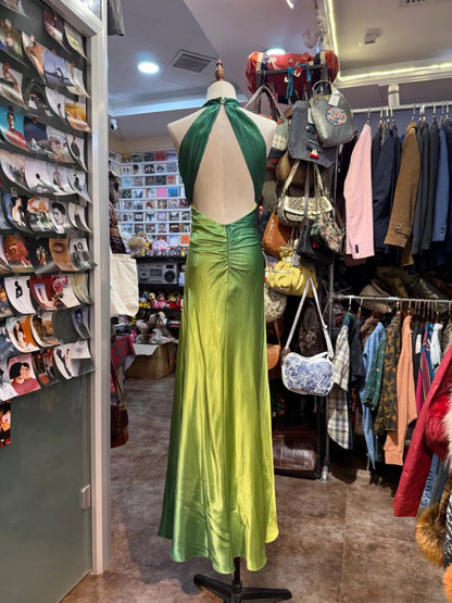Vintage Gradient Green V-Neck Satin Backless Long Party Dresses ED02071