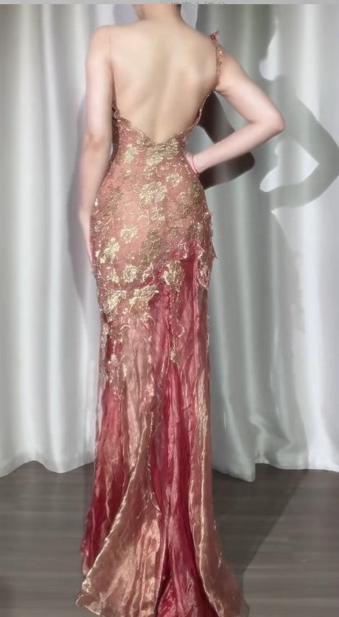 Elegant Gold Lace Applique Bodycon Pink Tulle Long Prom Dresses Vintage Formal Evening Dress ED02072