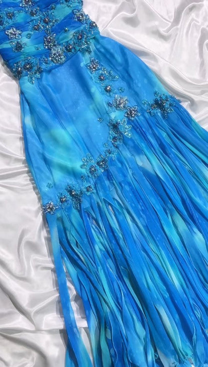 Blue Spaghetti Straps A-Line Chiffon Beaded Party Dresses Homecoming Dress HZ1024