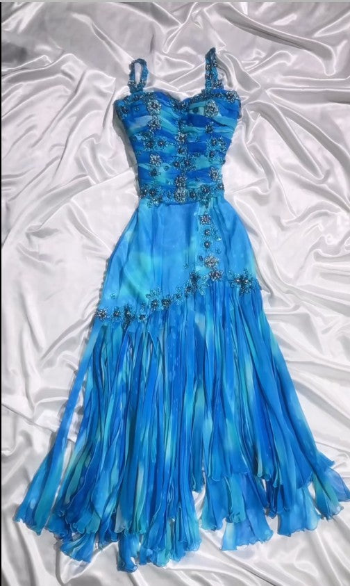 Blue Spaghetti Straps A-Line Chiffon Beaded Party Dresses Homecoming Dress HZ1024
