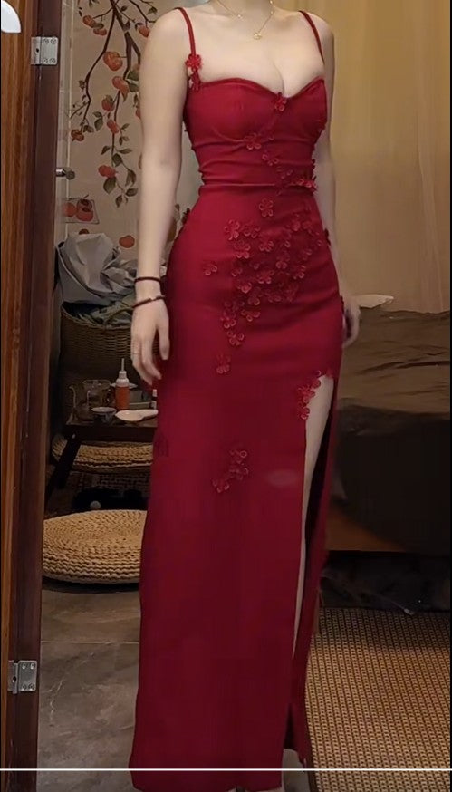 Red Spaghetti Strap Satin Bodycon Long Prom Dresses Evening Dresses with Slit HZ1024