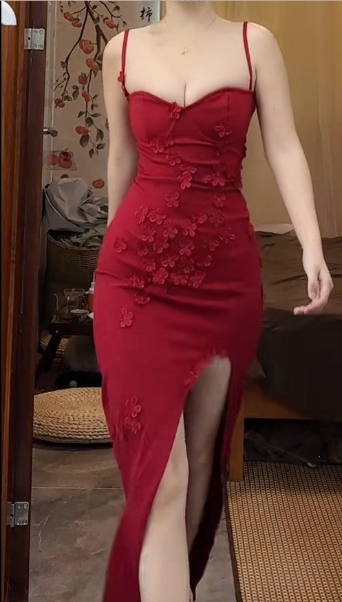 Red Spaghetti Strap Satin Bodycon Long Prom Dresses Evening Dresses with Slit HZ1024