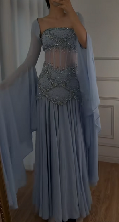 Glam Purple Sheath Tulle Beaded Sleeves  Long Prom Dresses ED02081