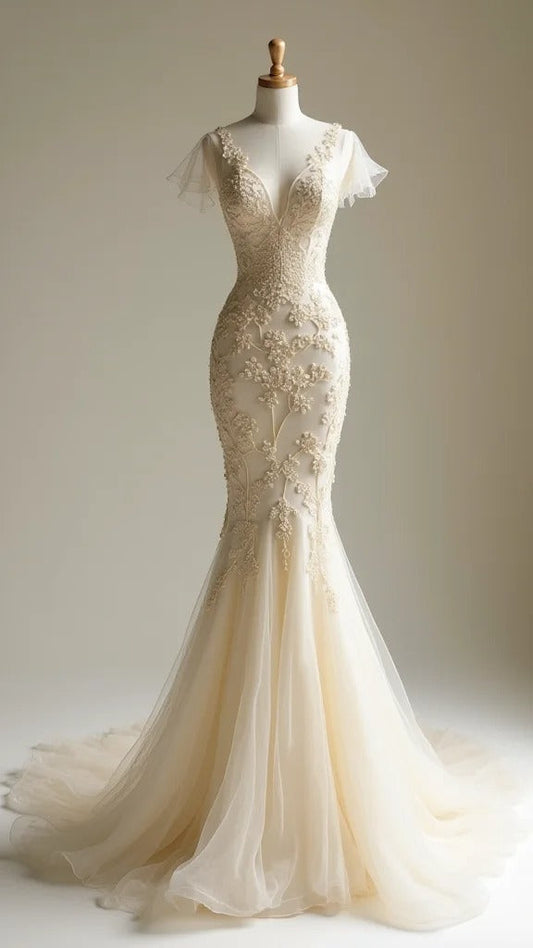 Elegant Ivory V-neck Tulle Mermaid Lace Applique Wedding Dress Simple Evening Dress ED02082