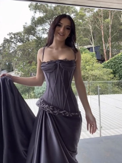 Dark Gray Purple Spaghetti Straps Sheath Satin Evening Dress Long Prom Dresses HZ1024