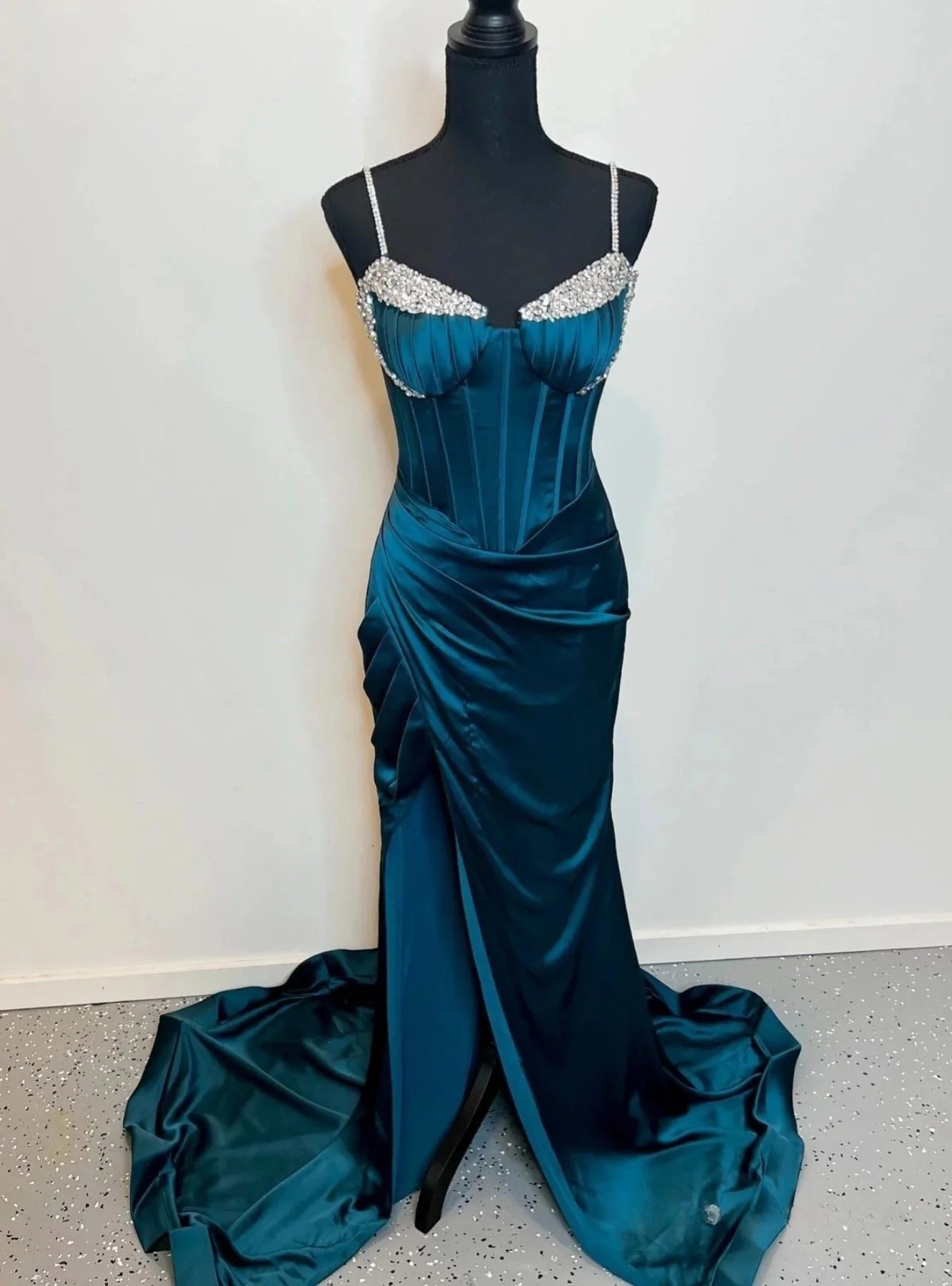 Gorgeous Dark Teal Spaghetti Strap Mermaid Satin Beaded Formal Evening Dress  Long Prom Dresses ED02087