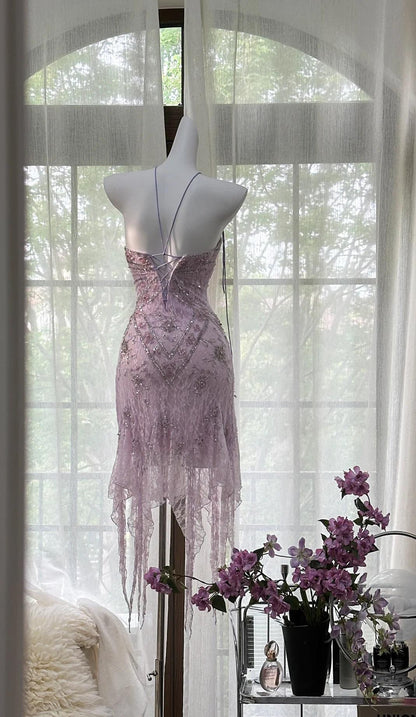 Vintage Lavender Chiffon Short Evening Dresses for Party Glitter Beaded Backless Homecoming Dress ED02089