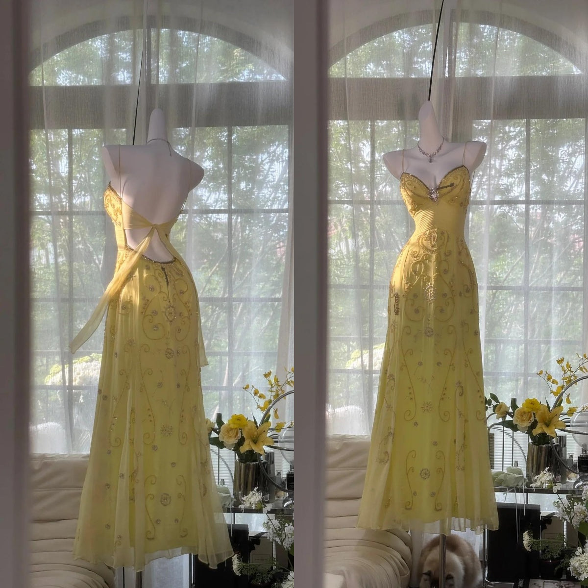 Gorgeous Butter Yellow Spaghetti Straps A-line Tulle Beaded Long Prom Dresses Backless Evening Gowns ED02094