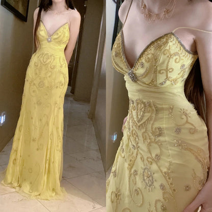 Gorgeous Butter Yellow Spaghetti Straps A-line Tulle Beaded Long Prom Dresses Backless Evening Gowns ED02094
