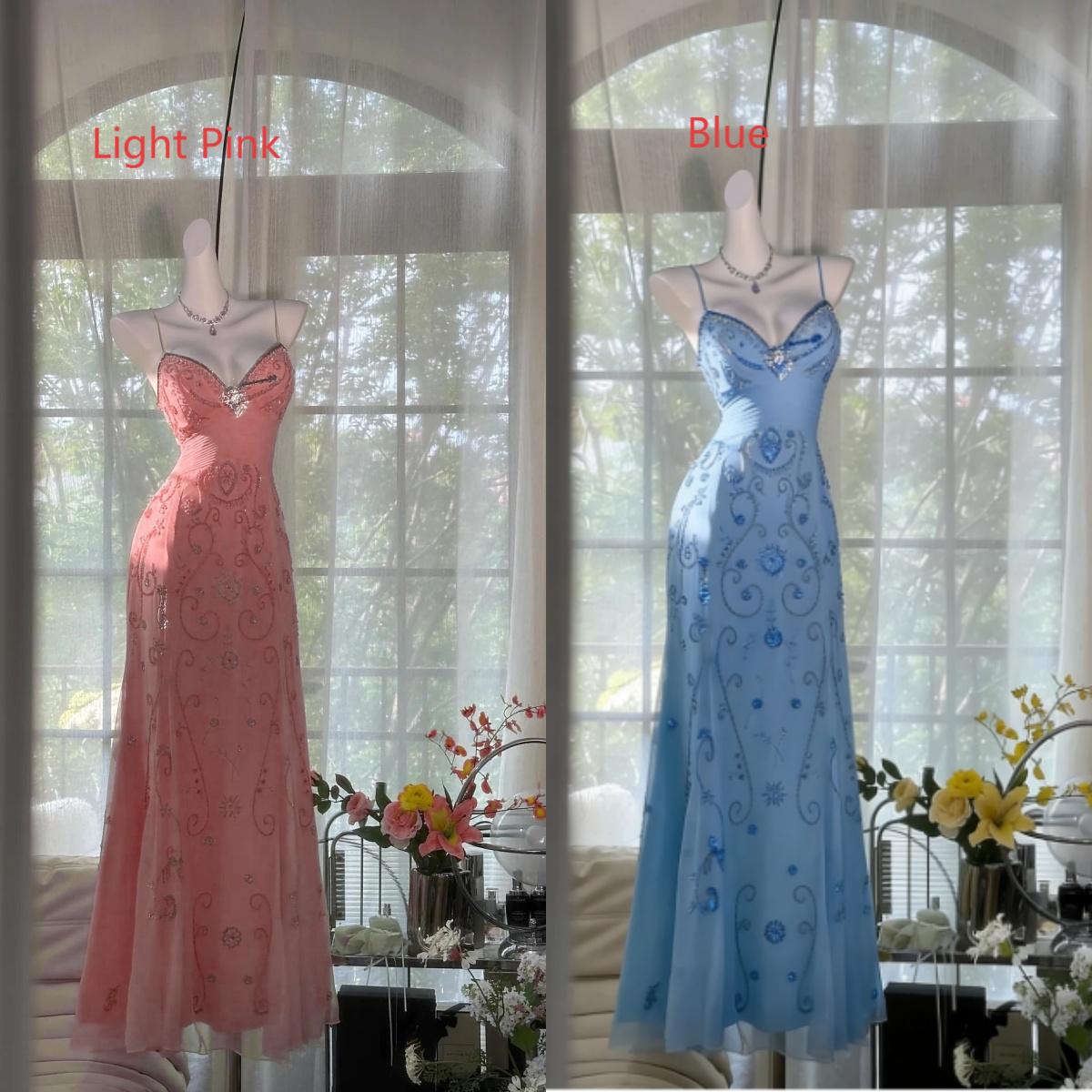 Gorgeous Butter Yellow Spaghetti Straps A-line Tulle Beaded Long Prom Dresses Backless Evening Gowns ED02094