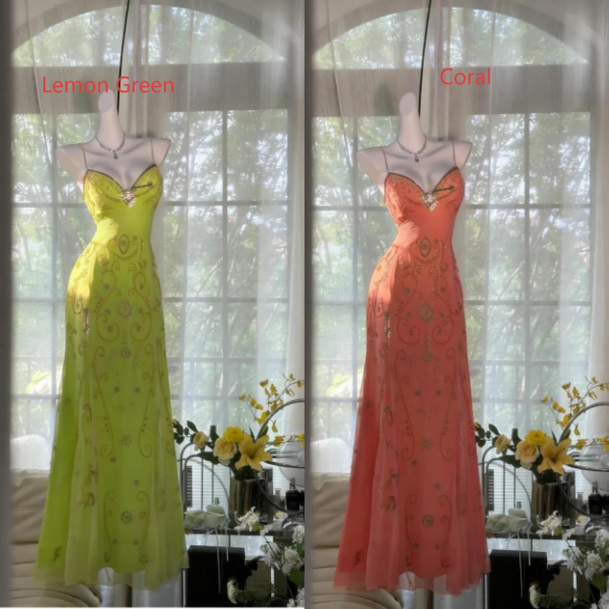 Gorgeous Butter Yellow Spaghetti Straps A-line Tulle Beaded Long Prom Dresses Backless Evening Gowns ED02094