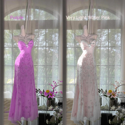 Butter Yellow Spaghetti Straps A-line Tulle Beaded Long Prom Dresses Backless Evening Gowns HZ1024
