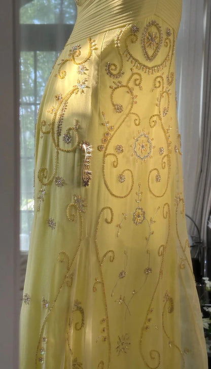 Gorgeous Butter Yellow Spaghetti Straps A-line Tulle Beaded Long Prom Dresses Backless Evening Gowns ED02094