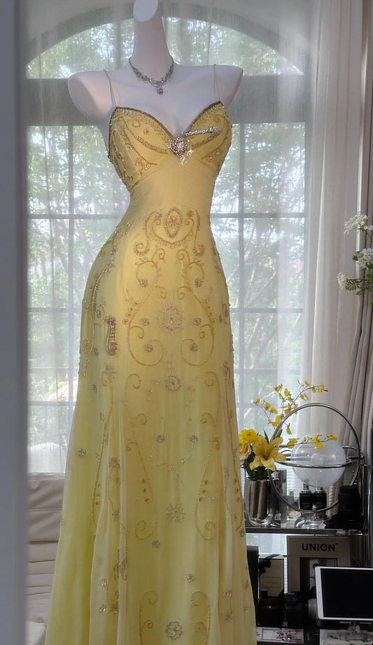 Gorgeous Butter Yellow Spaghetti Straps A-line Tulle Beaded Long Prom Dresses Backless Evening Gowns ED02094