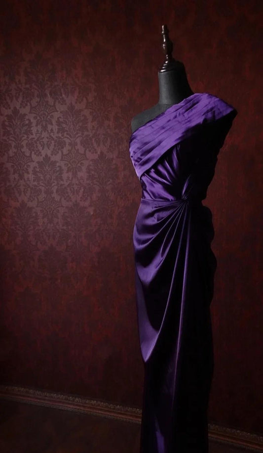 Dark Purple One Shoulder Satin Sheath Simple Evening Dresses HZ1024