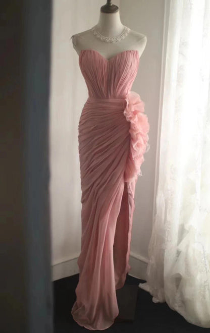 Peach Strapless Sheath Evening Dress Simple Bridesmaid Dress HZ1024