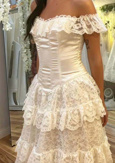 Elegant Ivory Off Shoulder Tulle Lace A-line Wedding Dress ED02101
