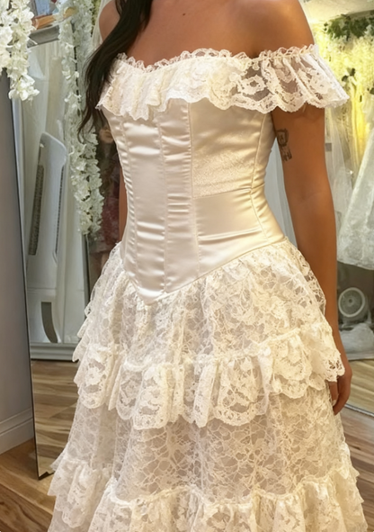 Ivory Off Shoulder Tulle Lace A-line Wedding Dress HZ1024