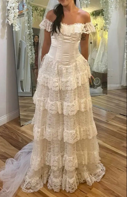 Ivory Off Shoulder Tulle Lace A-line Wedding Dress HZ1024